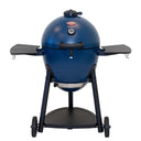 A sapphire blue AKORN kamado grill with a black cart and side shelves, shown against a plain white background.