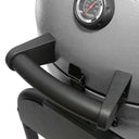 Close-up of the grill lid with a black handle, latch, and temperature gauge on a white background.