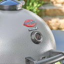 Close-up of a ash grey Char-Griller Akorn charcoal grill lid with a black dial thermometer and brand logo, set against a blurred green outdoor background.