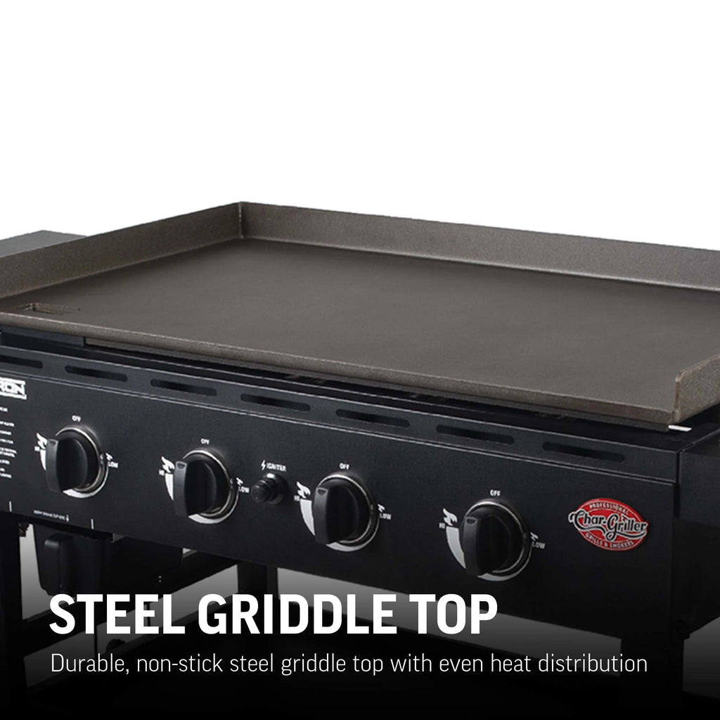 The griddle top and front control panel with 4 knobs, igniter button, and Char-Griller logo. Text reads: Steel griddle top. Durable, non-stick steel griddle top with even heat distribution.