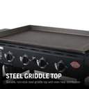 The griddle top and front control panel with 4 knobs, igniter button, and Char-Griller logo. Text reads: Steel griddle top. Durable, non-stick steel griddle top with even heat distribution.