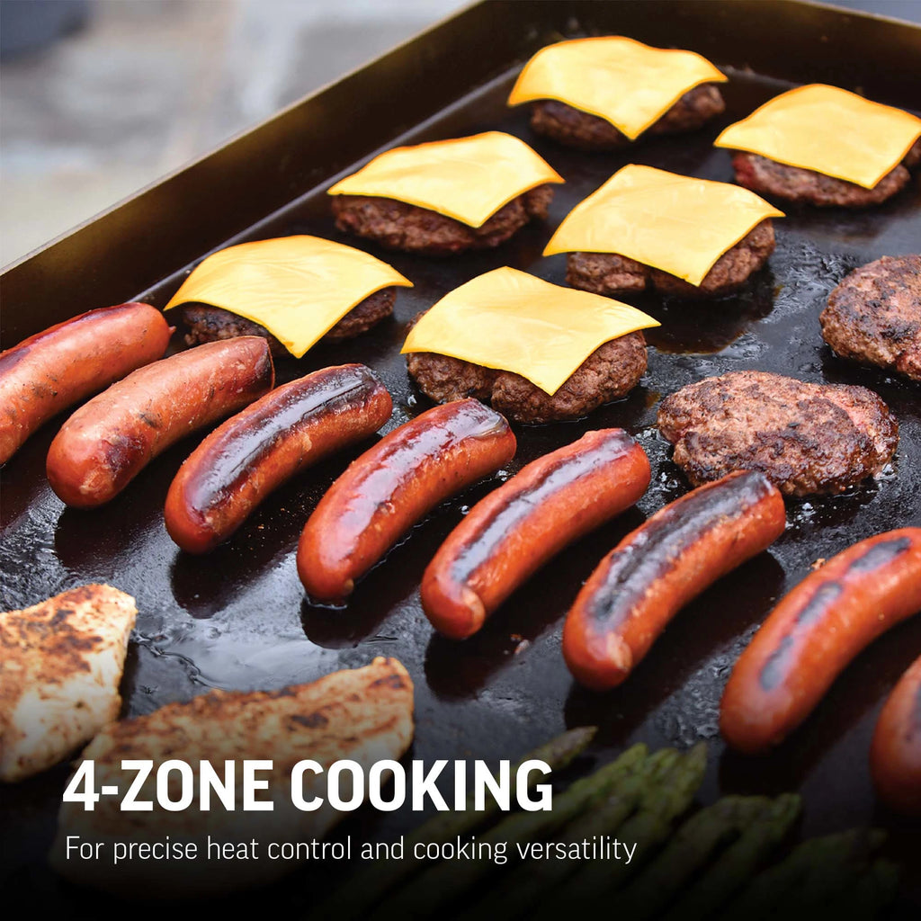 Burgers, some with cheese, sausages, and chicken breasts all cooking on the griddle. Text reads: 4-zone cooking for precise heat control and cooking versatility.