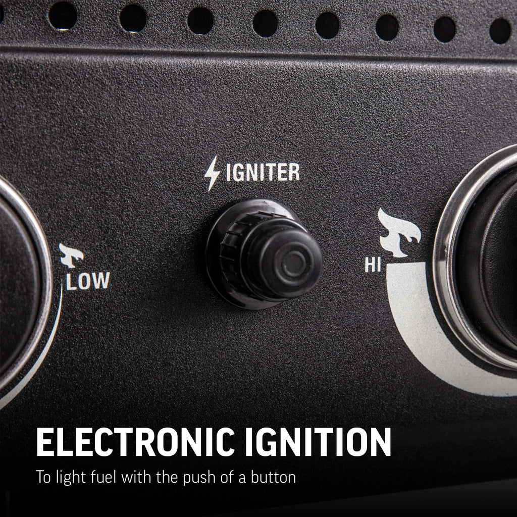 Extreme closeup of the igniter push button between 2 control knobs on the front of the grill. Text reads: Electronic ignition to light fuel with the push of a button.