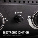 Extreme closeup of the igniter push button between 2 control knobs on the front of the grill. Text reads: Electronic ignition to light fuel with the push of a button.