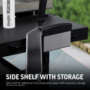 Closeup of the right side shelf with spatula and scraper attached. Text reads: Side shelf with storage. Side shelf for additional food preparation space with accessory storage. * Accessories sold separately.