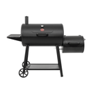The Smokin' Champ Barrel Grill with offset smoker box on the right and side shelf on the left. The grill is mounted on a cart with 2 wheels on the left and a perforated shelf between the cart legs just above the cart wheels.