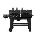 A Double Play Gas and Charcoal grill. The grill has two halves. On the right is the charcoal half with one chimney. On the left is the gas half with 3 burners, 2 chimneys, and a side shelf with a built in burner. The grill is on a cart with 2 wheels.