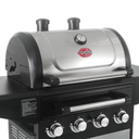 The top of the Flavor Pro grill. The lid has 2 chimneys, a built-in temperature gauge, and an offset handle at the bottom of the lid.