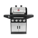 Flavor Pro grill with cabinet. Grill lid and cabinet doors are stainless steel. The grill has 2 side shelves.