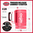Specs diagram of chimney: 12 inches tall, 12 inches wide including handle, 7.6 inch chimney diameter, and 4 pound charcoal capacity