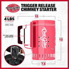 Specs diagram of chimney: 12 inches tall, 12 inches wide including handle, 4 pound charcoal capacity